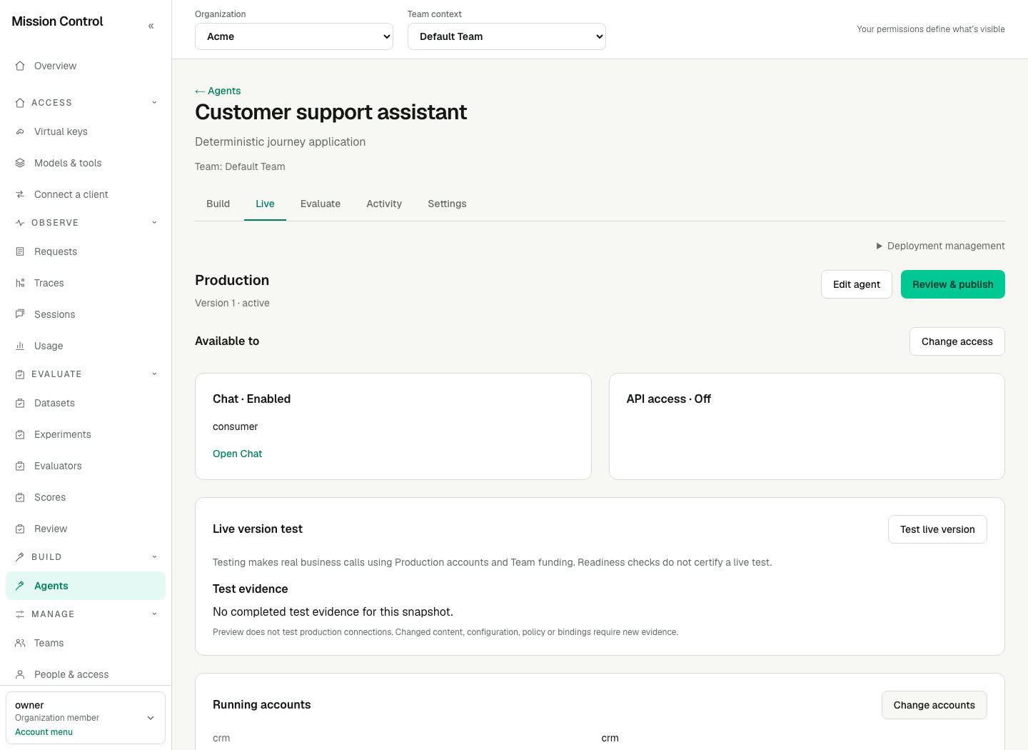 Live shows the published version, audience and separate management actions