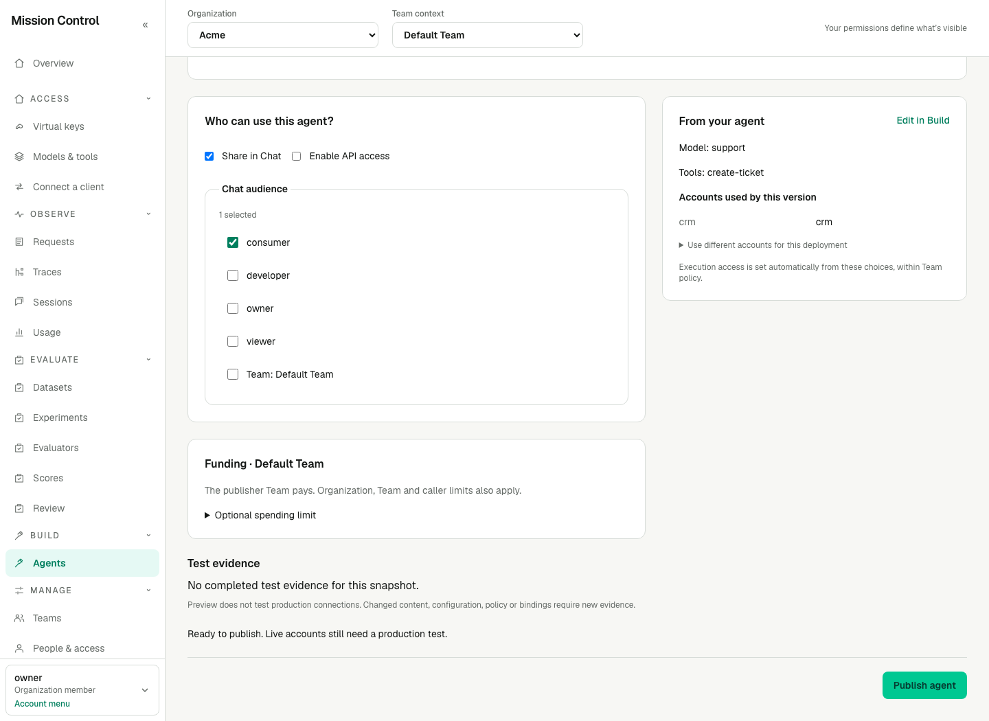 Publication review summarizes the saved Agent, tool accounts, audience and funding