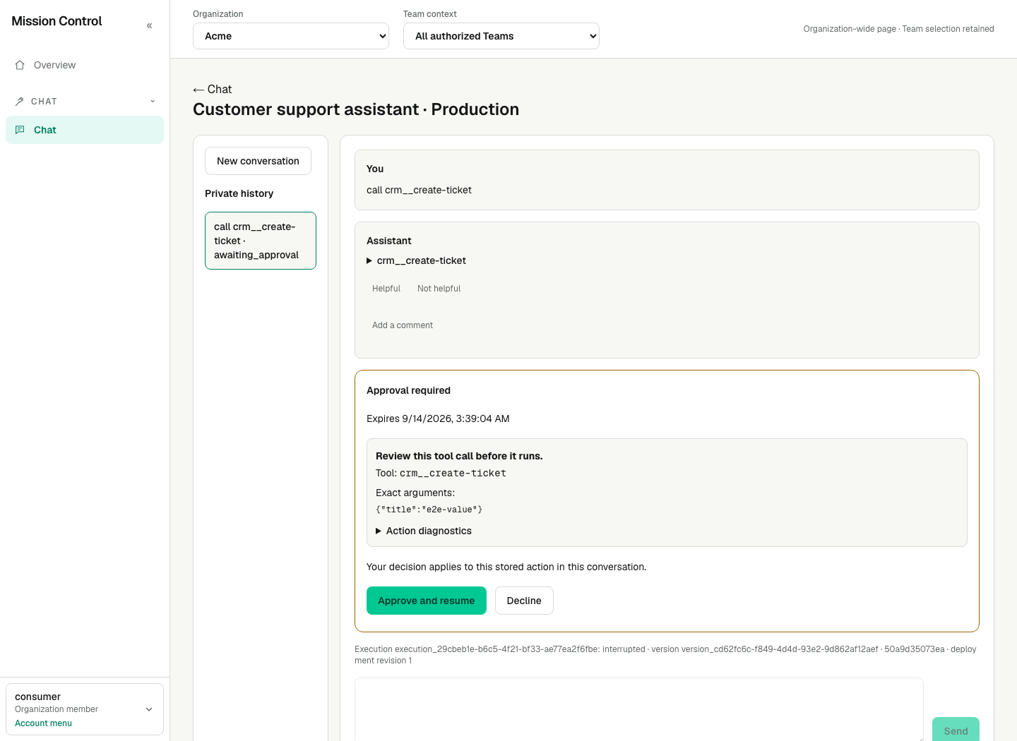 Consumer Chat presents a tool approval without Builder or Observe navigation
