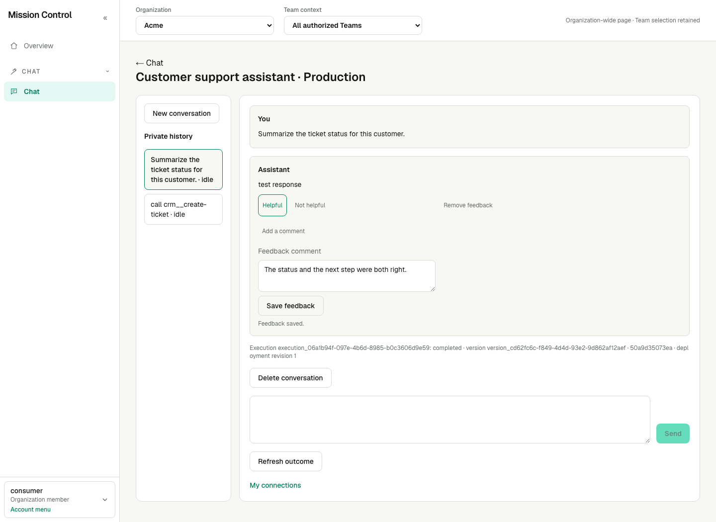 Feedback controls under an assistant reply with the comment field open