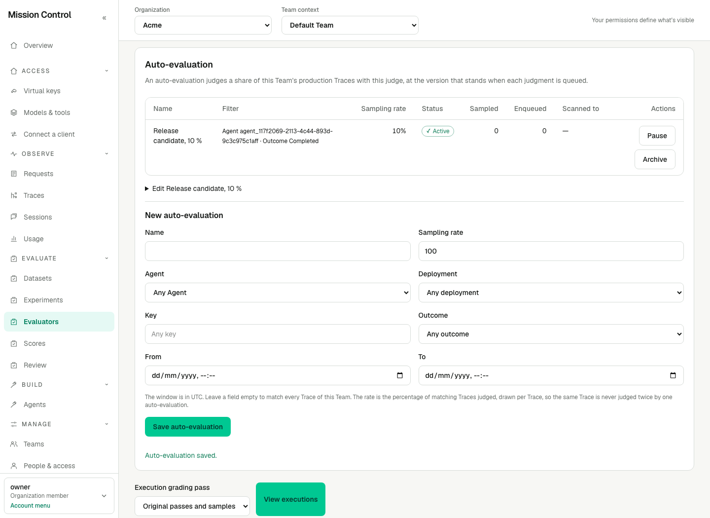 The Auto-evaluation section lists each auto-evaluation with its filter, sampling rate, status and counters