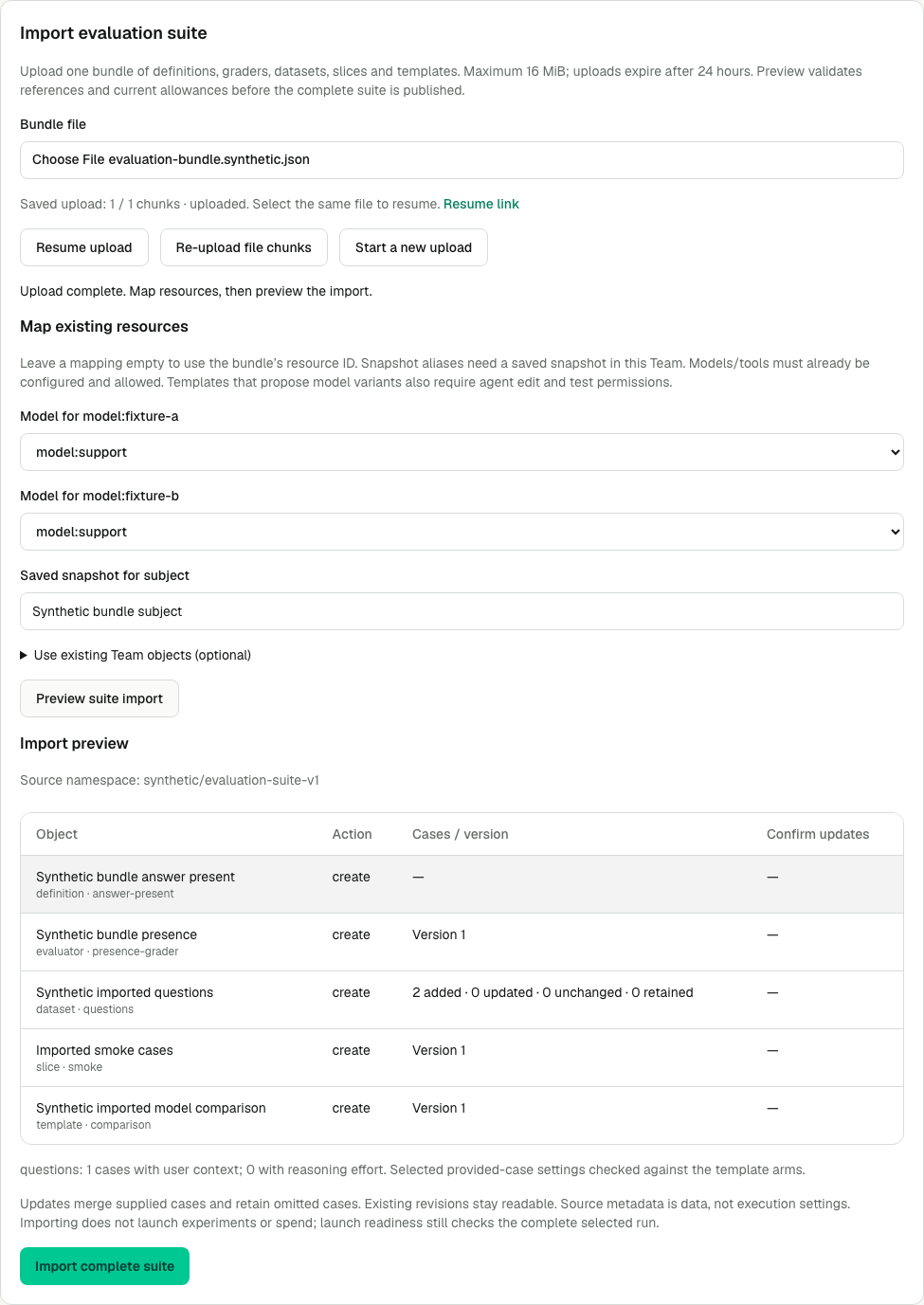 Synthetic suite import showing model and snapshot mappings, five resource actions, preserved case counts and the complete-suite import button