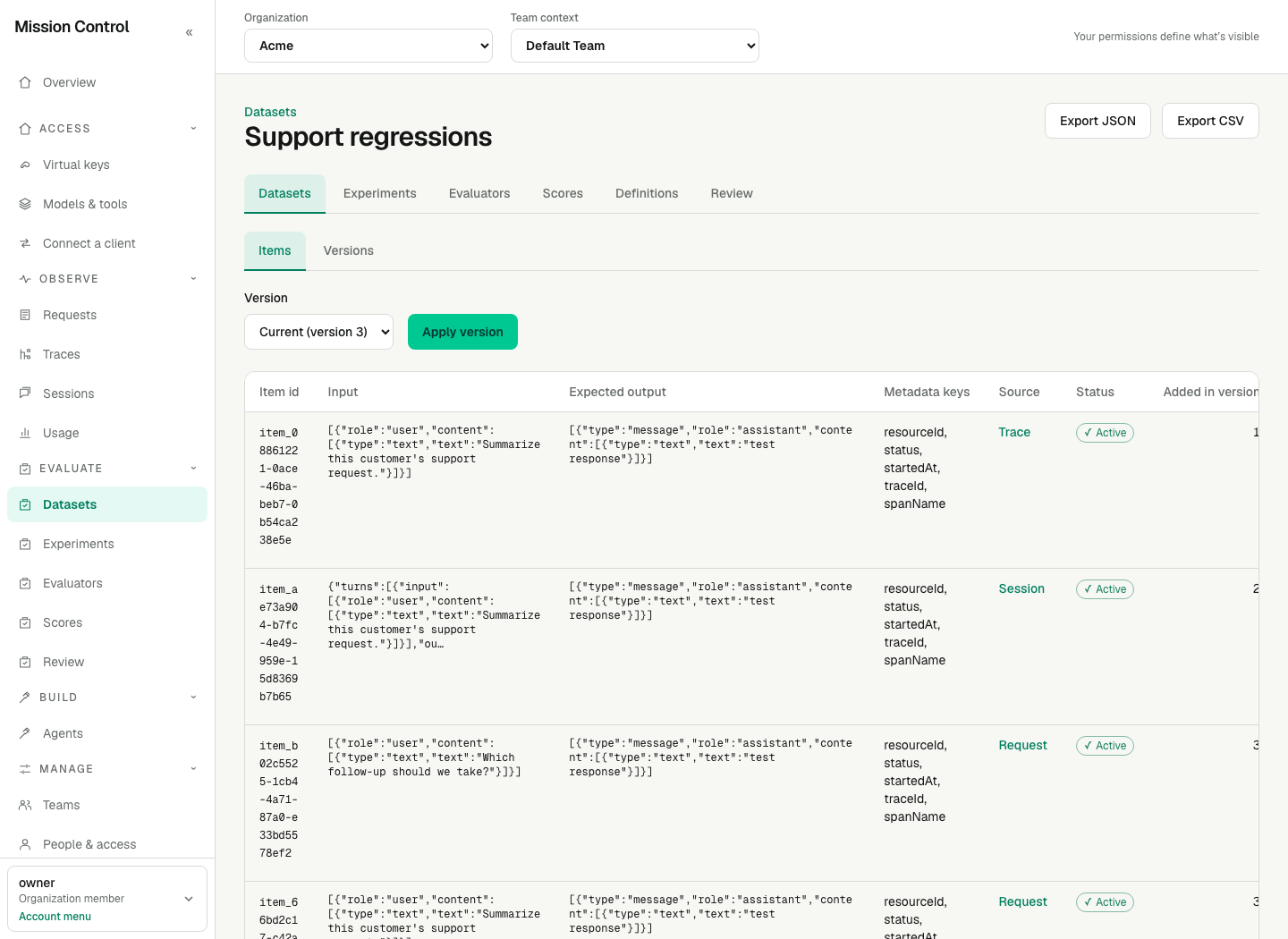 The Items tab of a dataset shows item ids, bodies, metadata keys and provenance