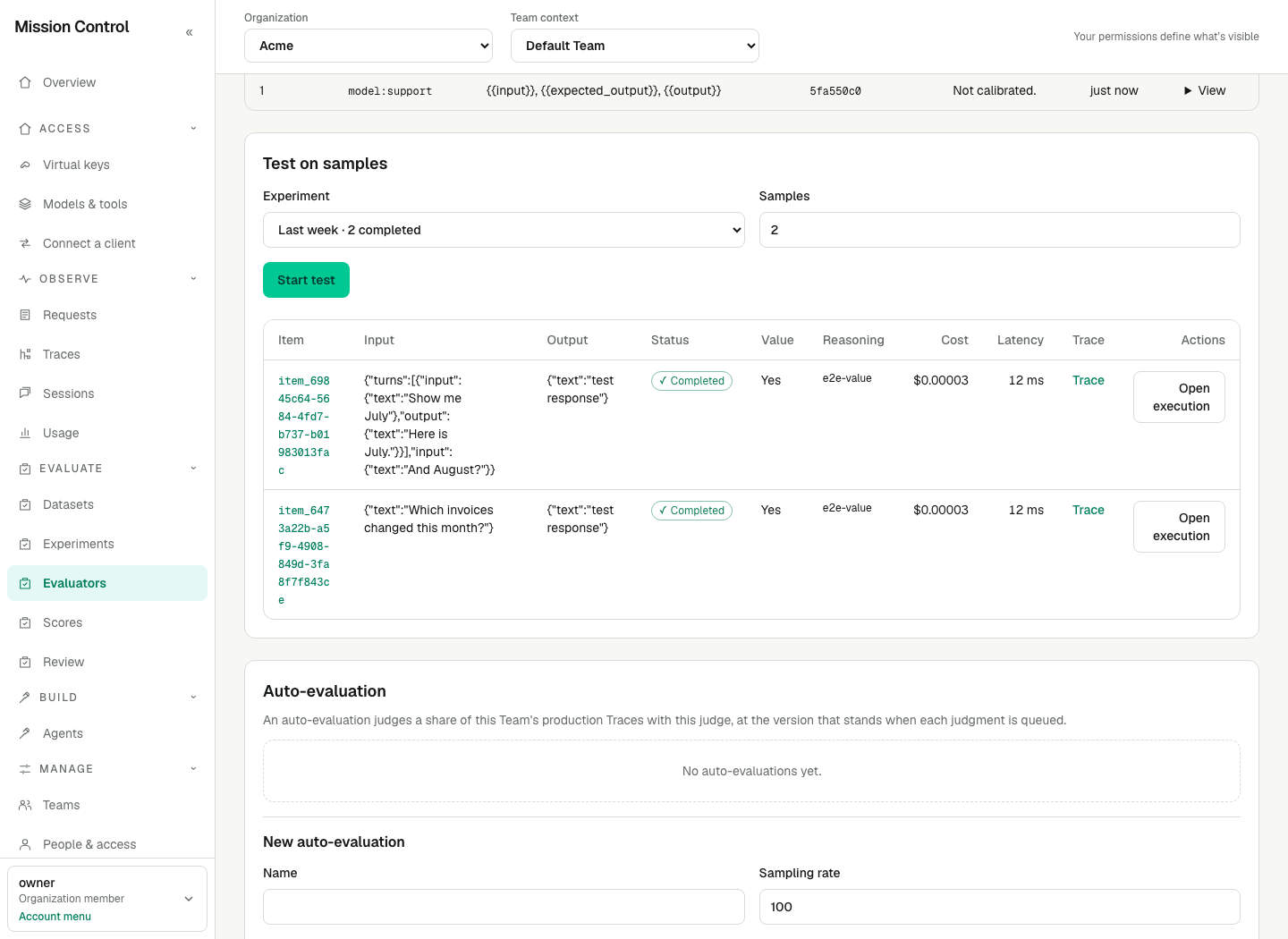 The test results of a judge show each sample's value, reasoning, cost and Trace