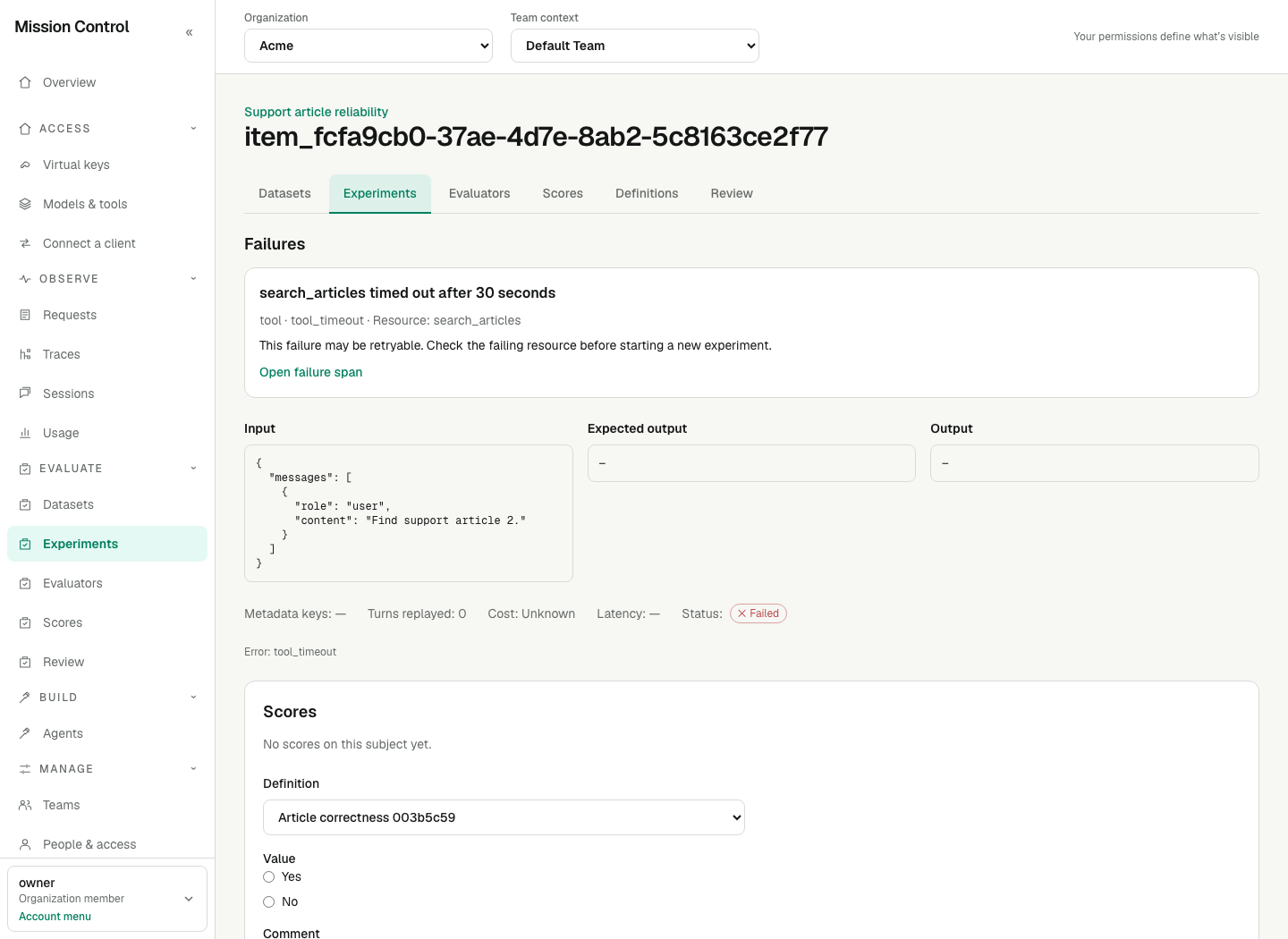 Synthetic failed experiment item showing search_articles timing out after thirty seconds and an Open failure span link above protected answer panels