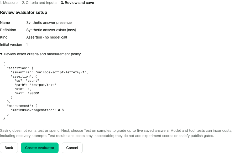 Synthetic evaluator setup review showing a new yes/no definition, assertion criteria, initial version and an explicit save action
