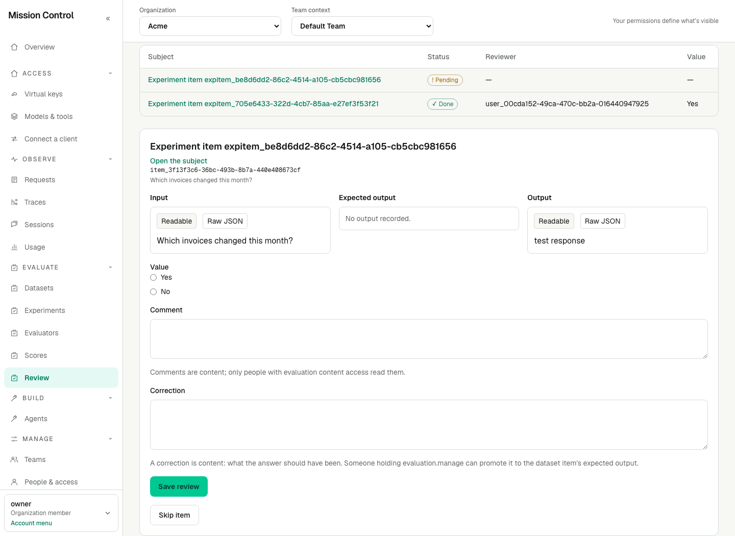 A review queue shows every subject with its status and value beside the item being graded and its review form