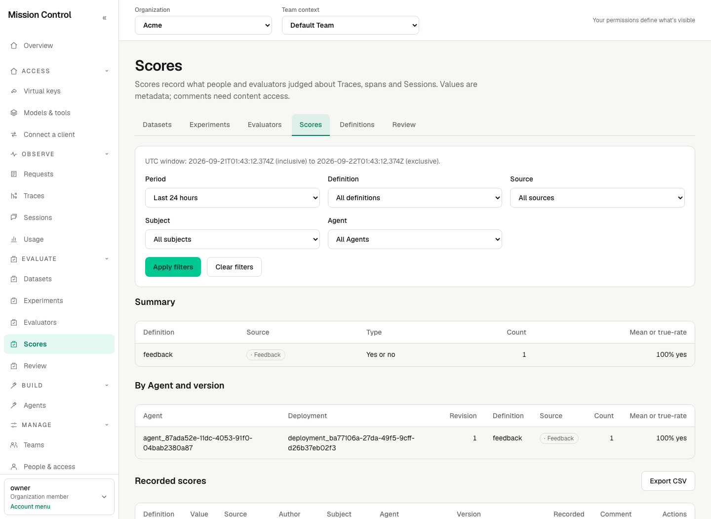 The Scores page summarizes each definition and breaks it down by Agent and version