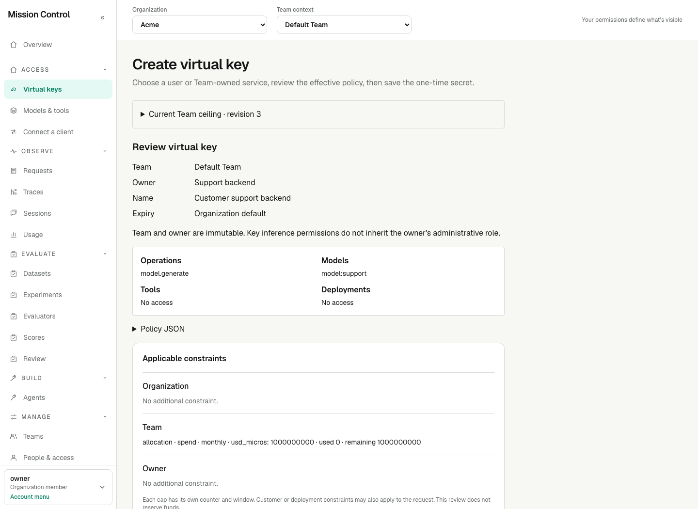 Virtual key review shows the selected owner, operations and optional operating cap