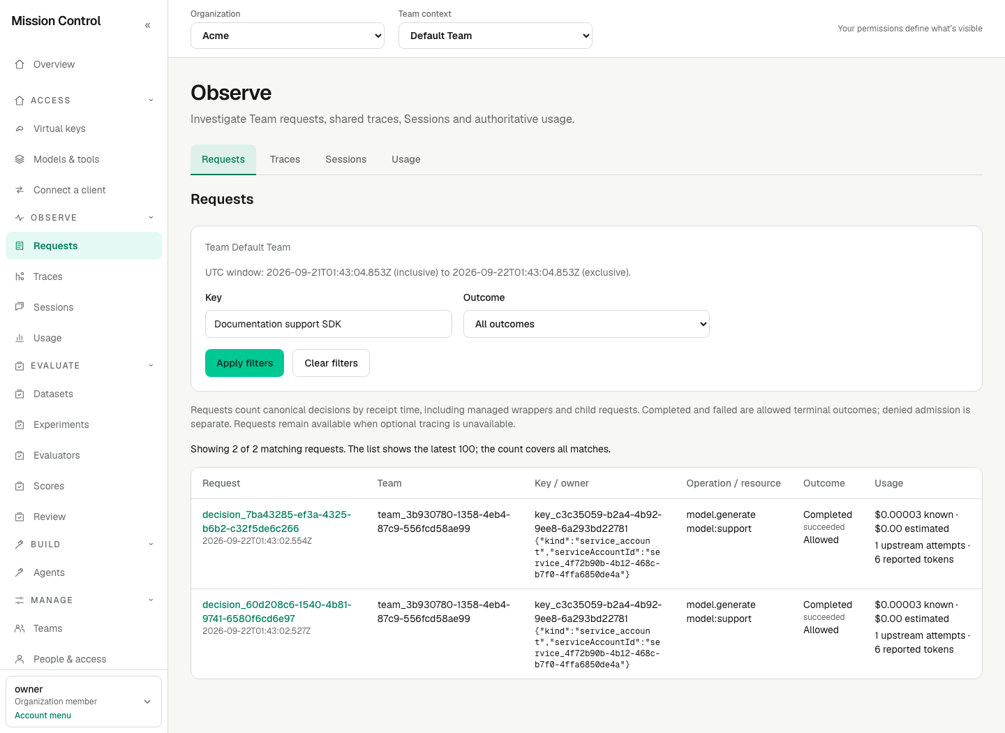 Requests filtered by a key chosen by name show canonical outcomes, logical key owners and physical-attempt usage