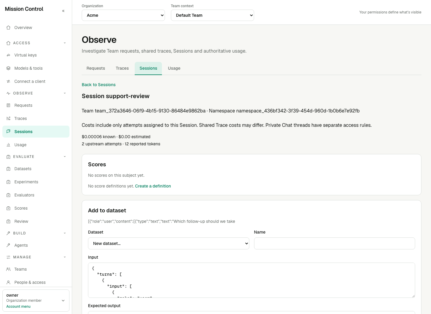 Session detail shows its namespace and the costs assigned to that Session