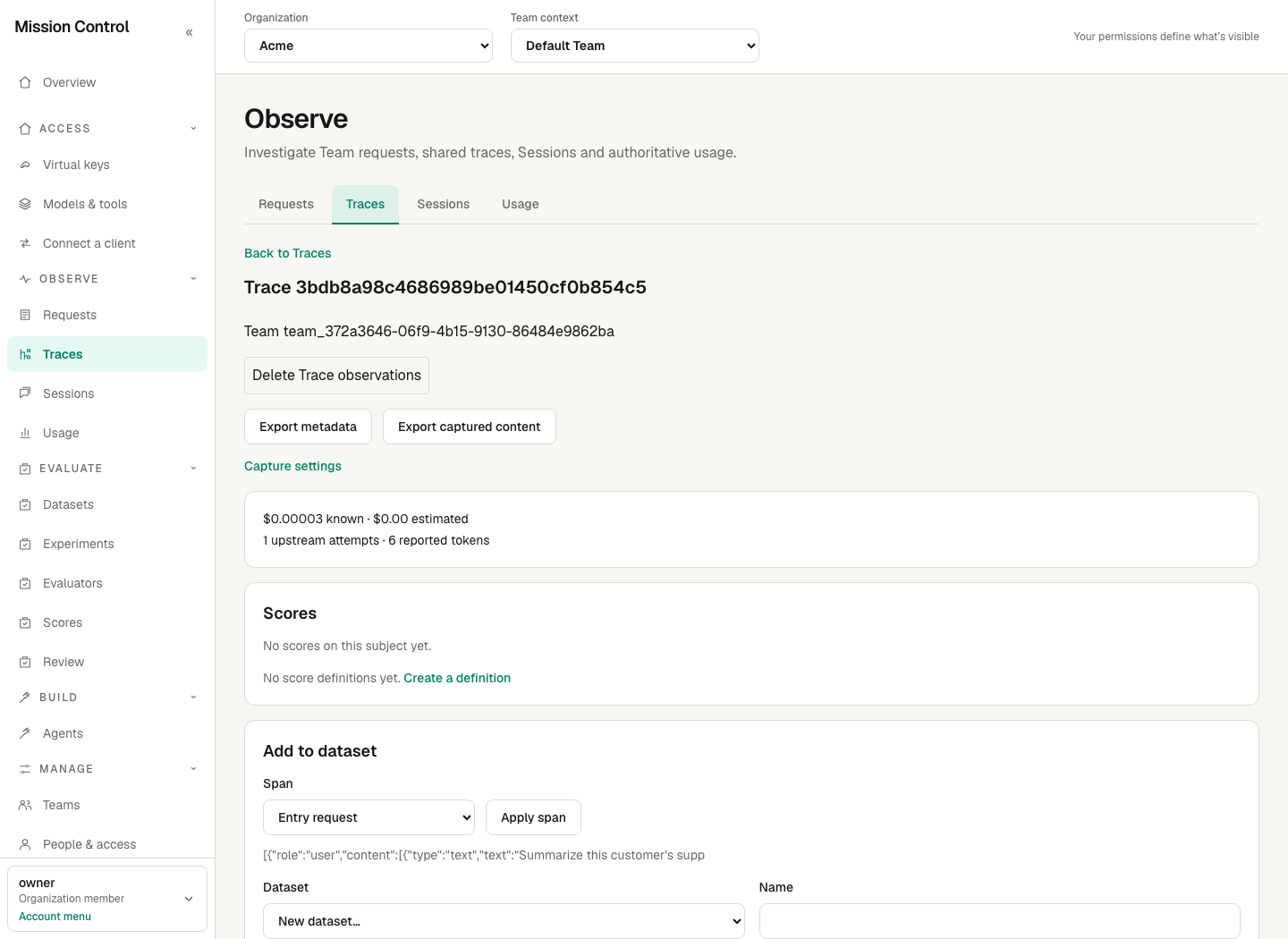 Trace detail shows Team scope, authenticated producer and captured-content availability