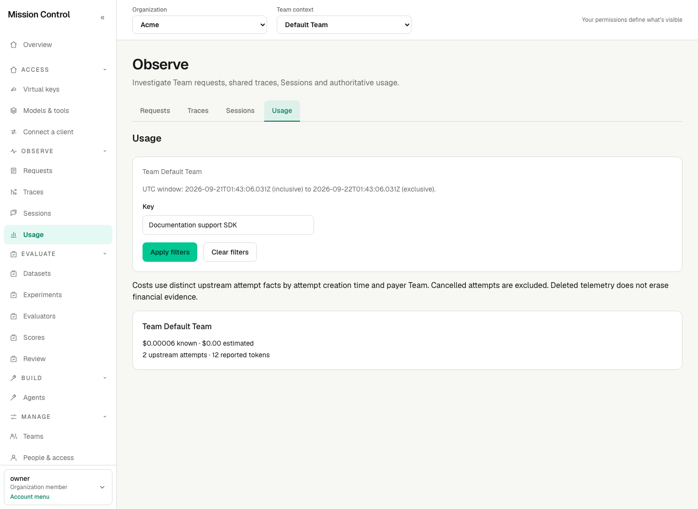 Usage filtered by a key chosen by name shows known and estimated ledger costs with upstream-attempt and token counts