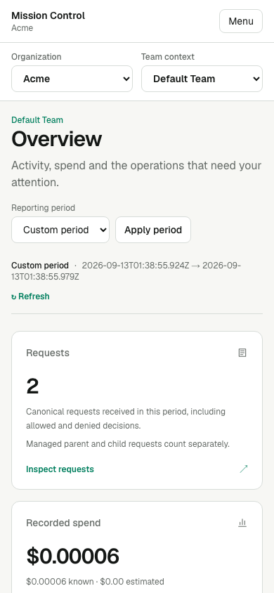 Mobile Overview keeps the Organization and Team selectors visible above the reporting controls and stacked operational metrics